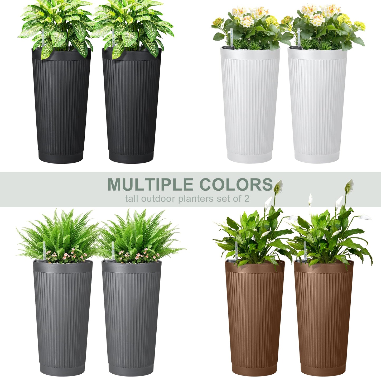 PolarcoForgeco Self Watering Tall Black Planters Outdoor Set of 2, 24” Flower Pots Planters for Outdoor Plants, Modern Plastic Tall Planter for Front Porch, with Drainage Hole (Ribbed)