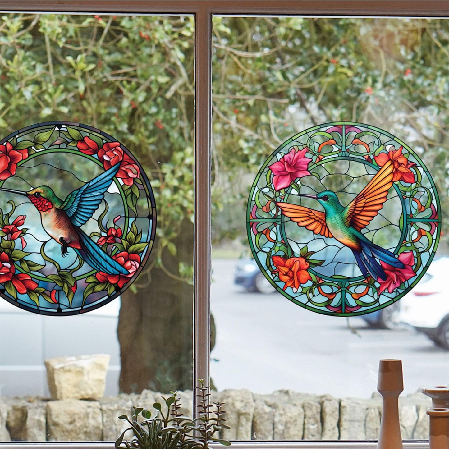 WBQMUNY 4 Sheets Window Decor Hummingbird Stained Glass Window Sticker - Wall Decor for Halloween Fall Christmas Decor for Home, Cafe