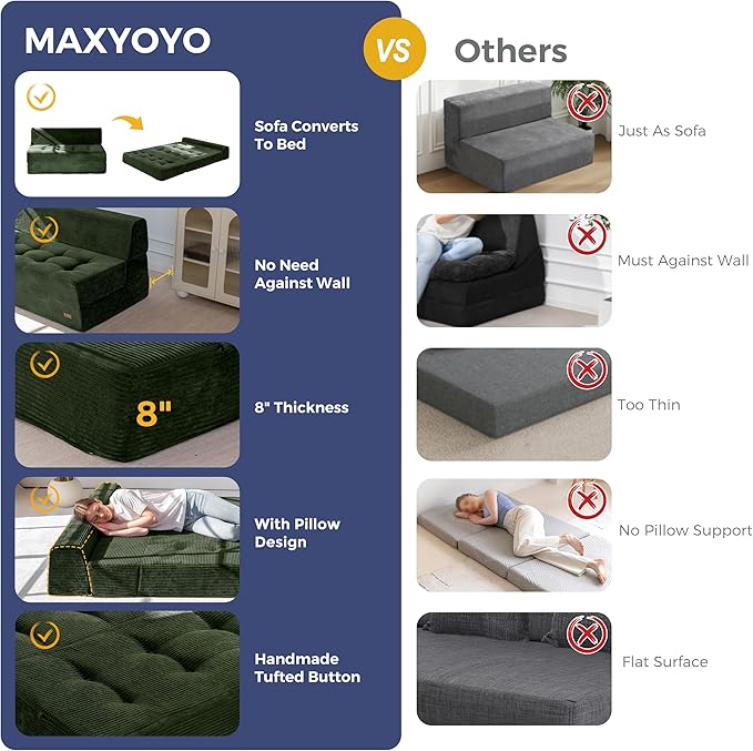 MAXYOYO 8" Folding Sofa Bed, Fold Out Chair Bed Sleeper Chair, Convertible