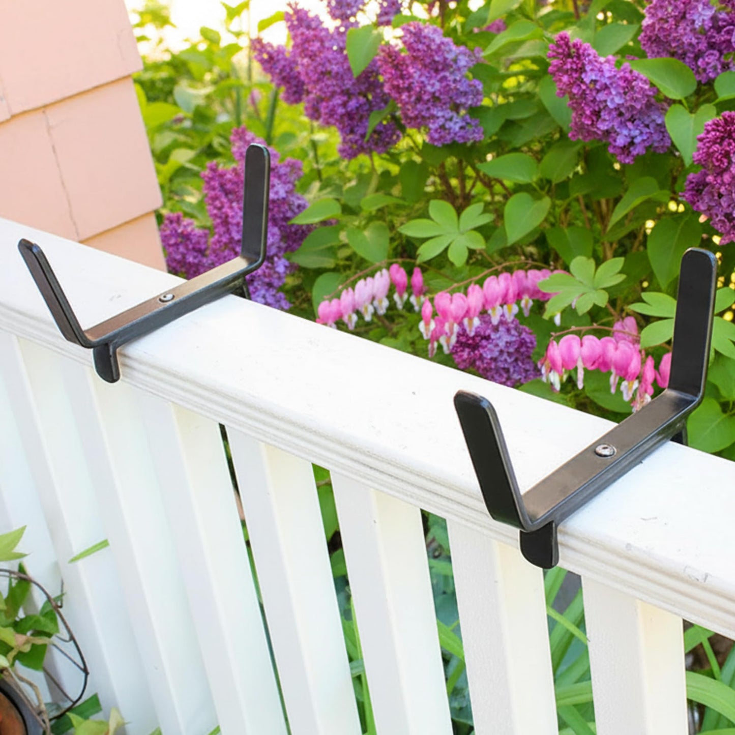 Oakestry Flower Box Deck Railing Brackets Pair Wrought Iron Black Powder Coated Heavy Duty Holder Outdoor Garden Patio Balcony Organizer Decorative Mount Accessory Fits 2 x 4 Inch Rail
