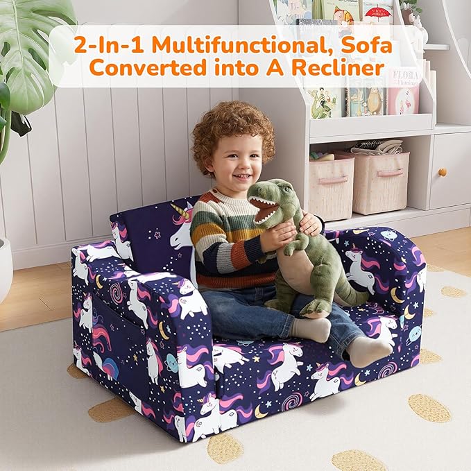 MeMoreCool Kids Folding Couch – Purple Unicorn Toddler Chair, Fold-Out 2-in-1
