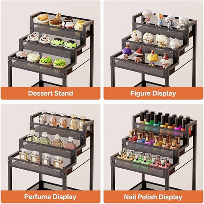 Display Riser Stand Perfume Cologne Organizer, 13in Rolling Makeup Storage Cart with Fabric Drawers, Floor Vanity Cosmetics Display Cases for Skin Care Nail Polish Figures Rustic Brown