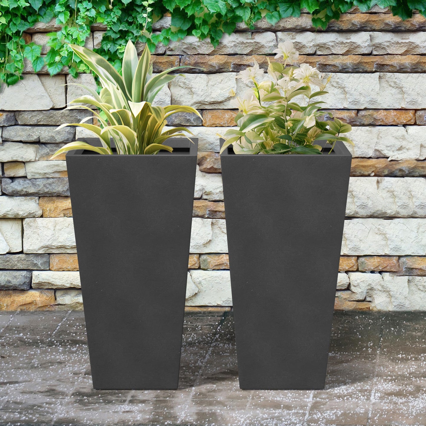 Kante 24.4 Inch Tall Tapered Concrete Planter (Set of 2), Modern Style Large Plant Pot with Drainage Hole and Rubber Plug for Patio, Porch, Black