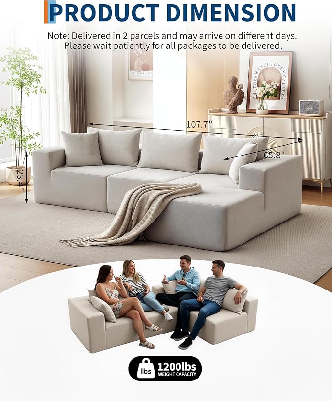 Corduroy Modular L Shape Sofa, Cloud Feel Compressed Sectional Couch