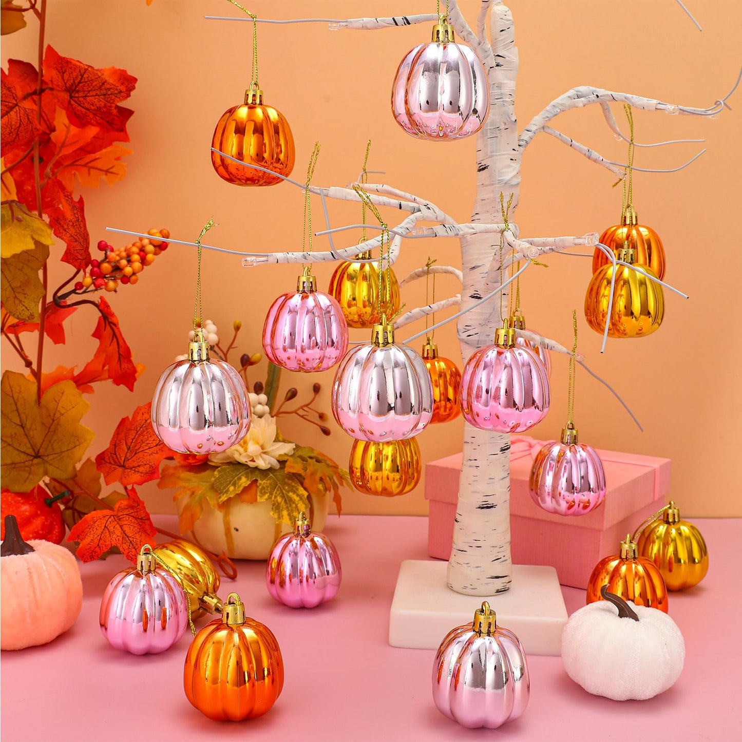 FYSUIMU 24Pcs Fall Pumpkin Hanging Ornaments Mini Pink Orange Pumpkin Hanging Ball Decorations for Thanksgiving Harvest Autumn Farmhouse Tree Decor Party Supplies