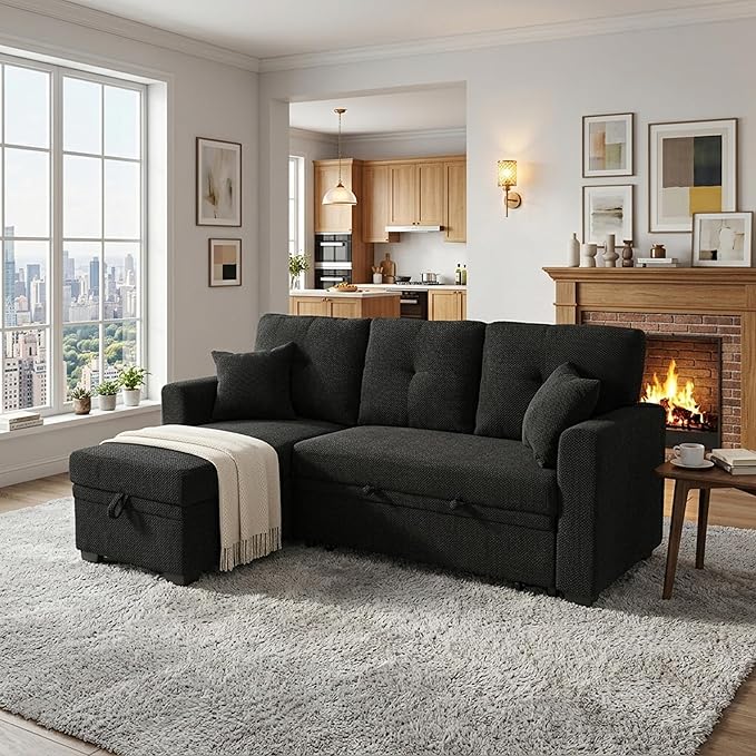 L Shaped Sectional Couch with Storage and Pull Out Bed, 3 Seater Sleeper Sofas