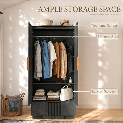 Yechen 67" Fluted Armoire Wardrobe Closet with Doors and Drawer, Wooden Wardrobe Closet Cabinet with Adjustable Shelve, Modern Small Armoires Storage Clothes, Coats for Bedroom, Black