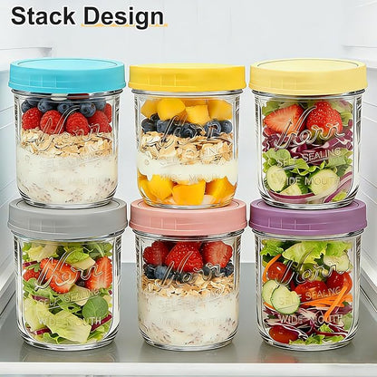 6-Pack Wide Mouth Mason Jars with Lids, 16 oz Overnight Oats Jars Containers with Lids, Glass Meal Prep Food Storage Containers for Oatmeal, Chia Seed Pudding, Yogurt, Snacks, Salads, Fruit, Spice