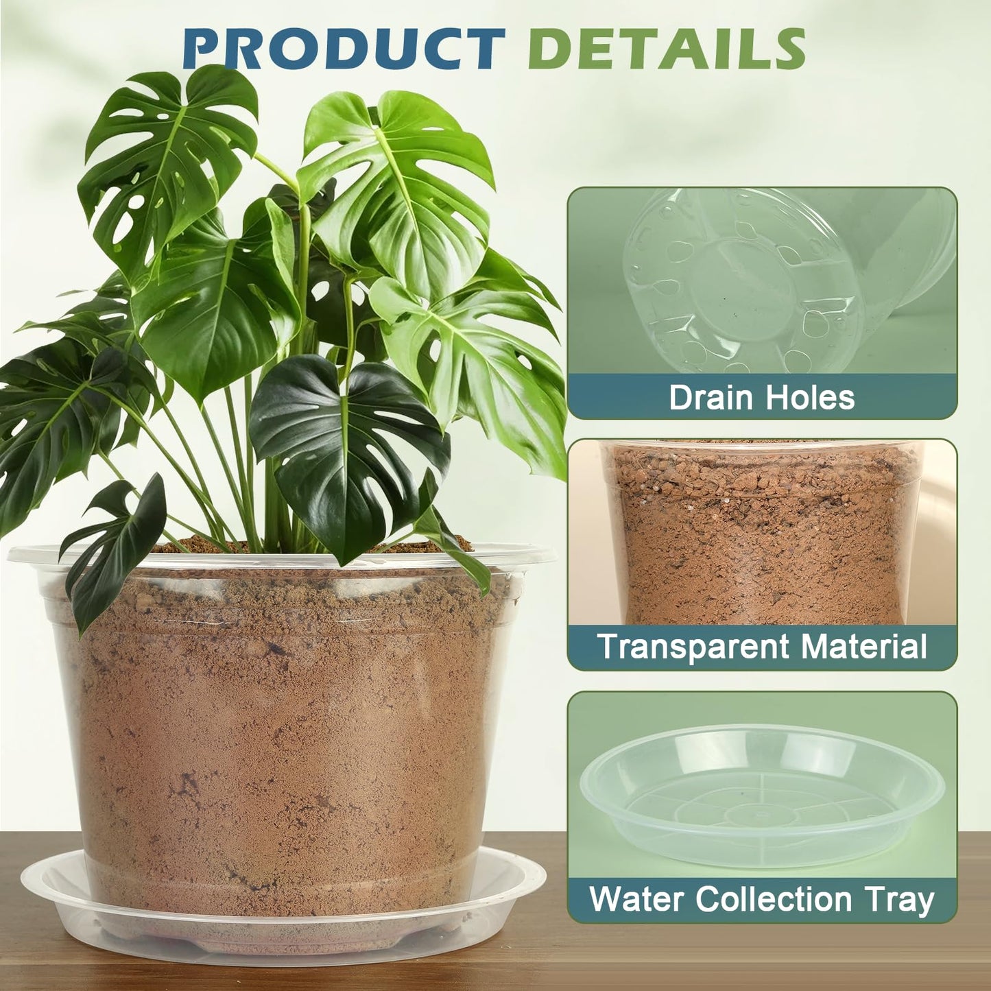 WTXHOP 6/8/10 Inch Large Size Clear Nursery Pots with Drainage and Saucers, 9 Pack Plastic Plant Pots for Seedling Starter, Durable Plastic Pots for Indoors