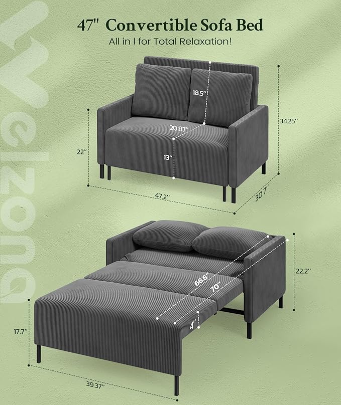 Welzona 47.2" Convertible Sofa Bed Couch, Comfy Corduroy Loveseat Sleeper Sofa