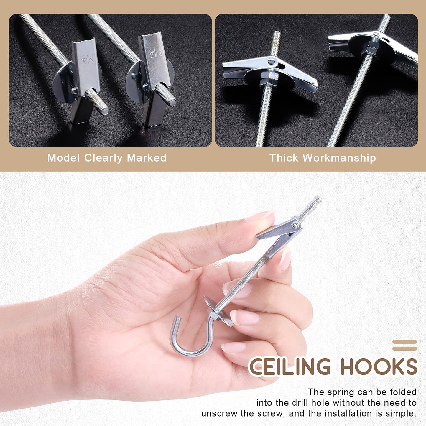 Wokape 64Pcs M4×75 Heavy Duty Carbon Steel Ceiling Hooks Spring Toggle Wing Bolts Wall Fixing Ceiling Hooks Pothook Wall Fixing Anchors Ceiling for Hanging Plants