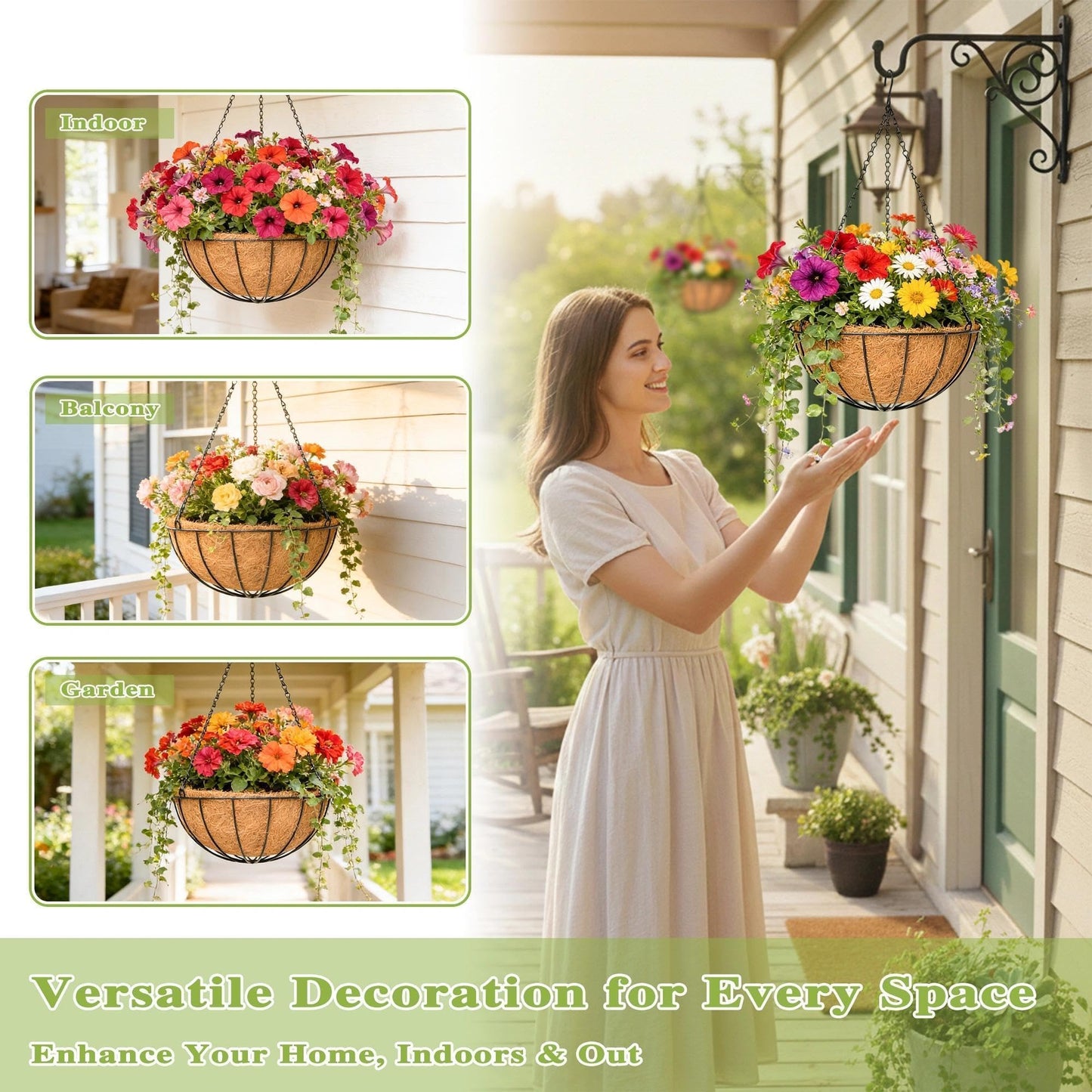 Qusuxi 4 Pack 16 Inch Hanging Planters Outdoor Metal Hanging Flower Baskets with Coco Fiber Liners Chain Round Wire Plant Holder Hanging Flower Pots (Watermelon)