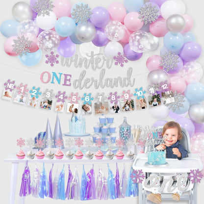 Winter Onederland 1st Birthday Decorations Girl, Winter Onederland Banner, Snowflake Photo Garland Highchair Banner Snowflake Balloon Arch Garland for Winter First Birthday Baby Shower Party Supplies