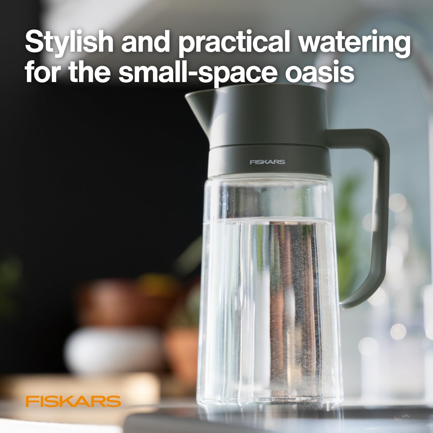 Fiskars Glass Watering Can for Indoor Plants, Small Pitcher for Succulents & Herbs, Easy Fill Top Design and Mess Free Pouring with Narrow Spout for House Plants, Modern Decor Style, 17 oz, Clear
