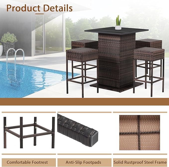 Tangkula 5 Piece Outdoor Rattan Bar Set, Patio Bar Furniture