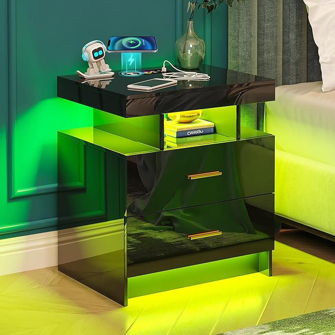 WOOVIVS Night Stand with Light, High Gloss Nightstand with USB/Wireless