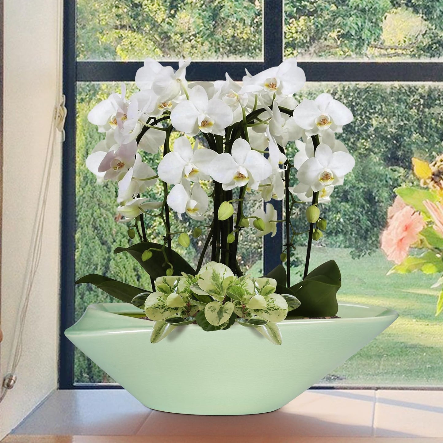 EPFamily Ceramic Bonsai Pot - 18 Inch Planter with Drainage Hole Large Modern Bonsai Planter Decorative Succulent Flower Plant Pot for Indoor Plants Outdoor Green