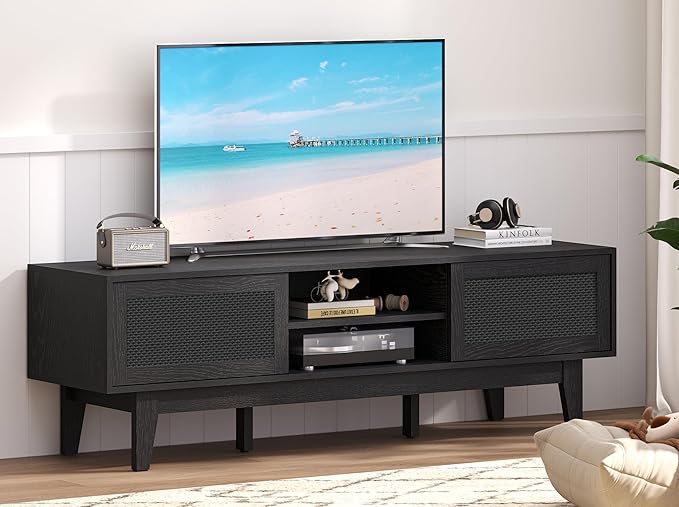 Xixini Boho TV Stand for 55 65 Inch TV, Rattan Entertainment Center