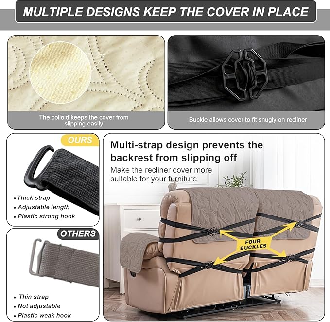 100% Waterproof Loveseat Recliner Cover, 4-Piece Split Reclining Couch Covers