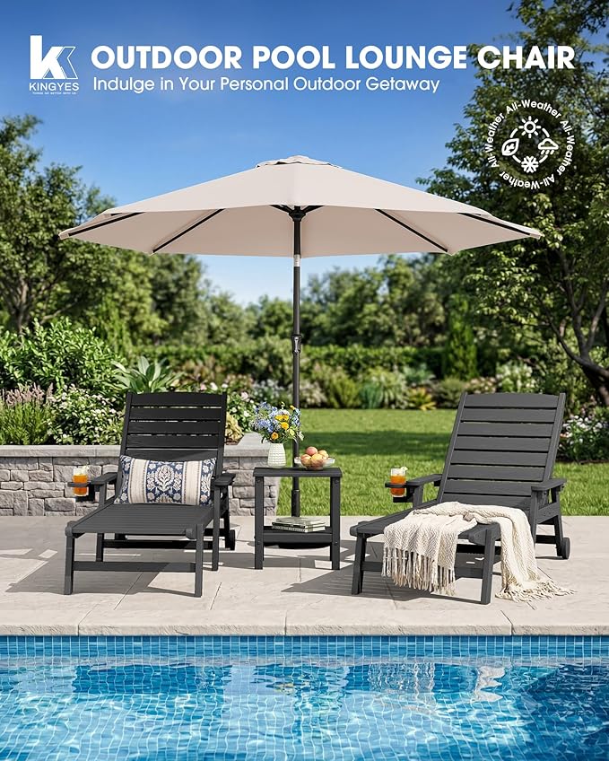 KINGYES HDPE Lounge Chair Outdoor Set of 2, Patio Chaise Lounge Recliner
