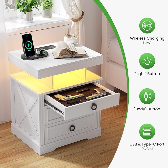 HNEBC Night Stand with Gun Drawers, Farmhouse Nightstand with Charging Station