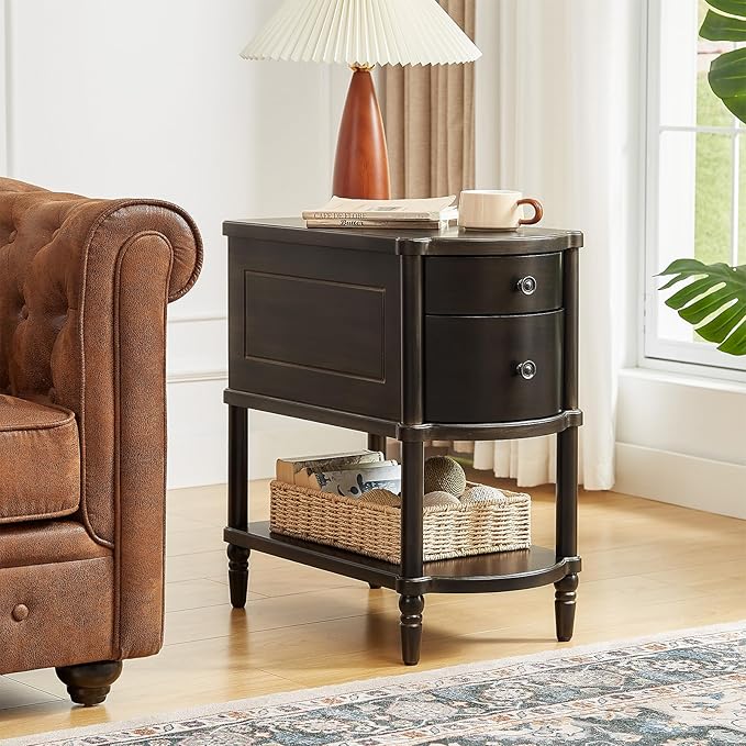 ONBRILL Narrow End Table with Charging Station, Pre-Assembled Nightstand with 2
