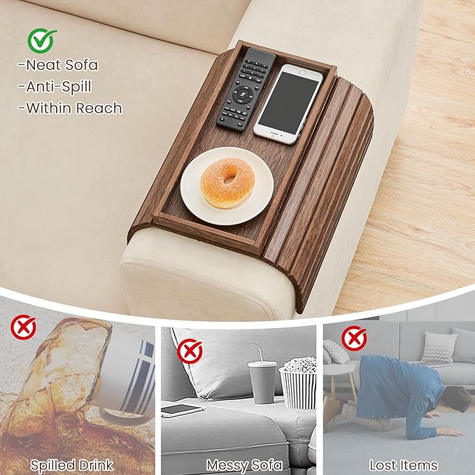 GEHE Bamboo Sofa Arm Tray, Foldable Couch Arm Tray Side Table, Anti-Falling
