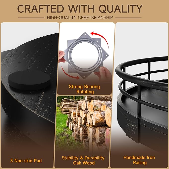 12" Oak Bathroom Vanity Tray Turntable for Perfume Candle, Round Wooden Decorative Tray for Kitchen Sink Countertop Organizer, Bathroom Counter Organizer for Skincare Makeup, Farmhouse Black Gold