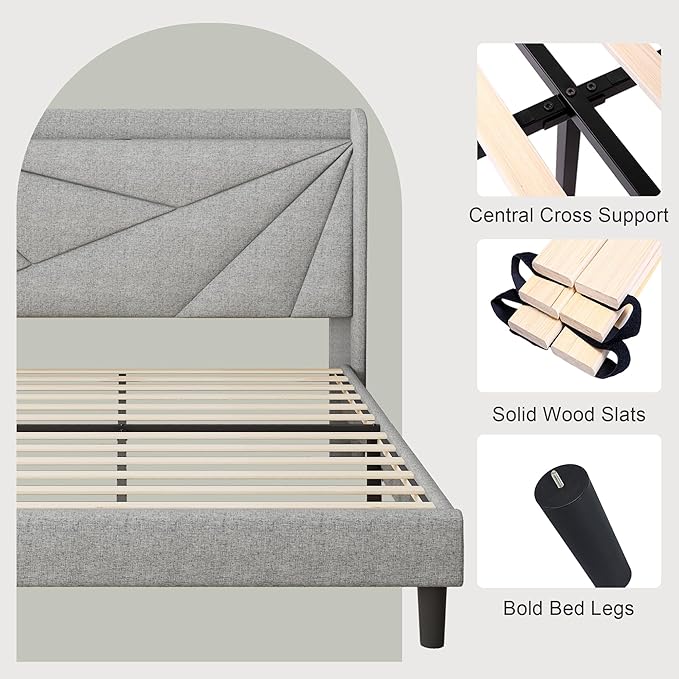Feonase Queen Bed Frame with Charging Station, Linen Upholstered Platform