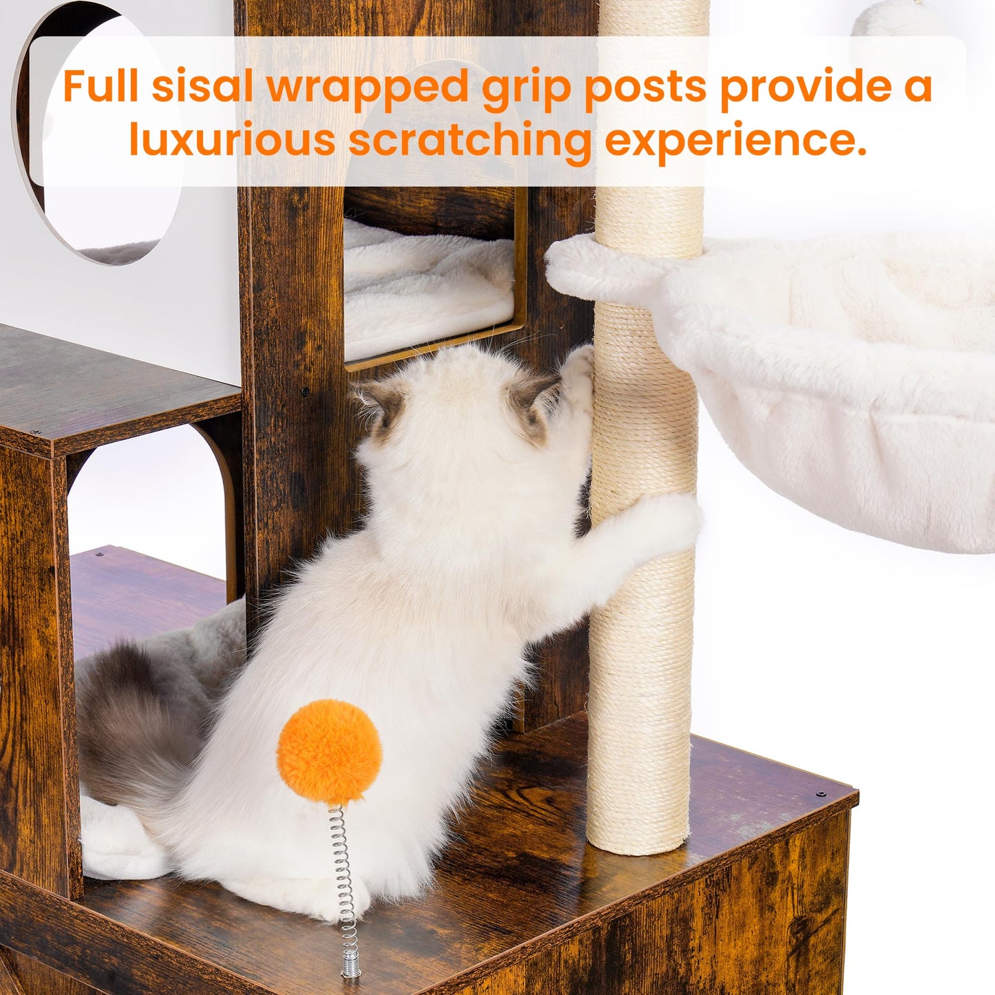 Heybly Cat Tree with Litter Box Enclosure for Indoor Big Cat, Cat Tower for Large Cats 20lbs Heavy Duty, Modern Cat Condo Furniture with Scratching Posts, Rustic Brown HCT110SR