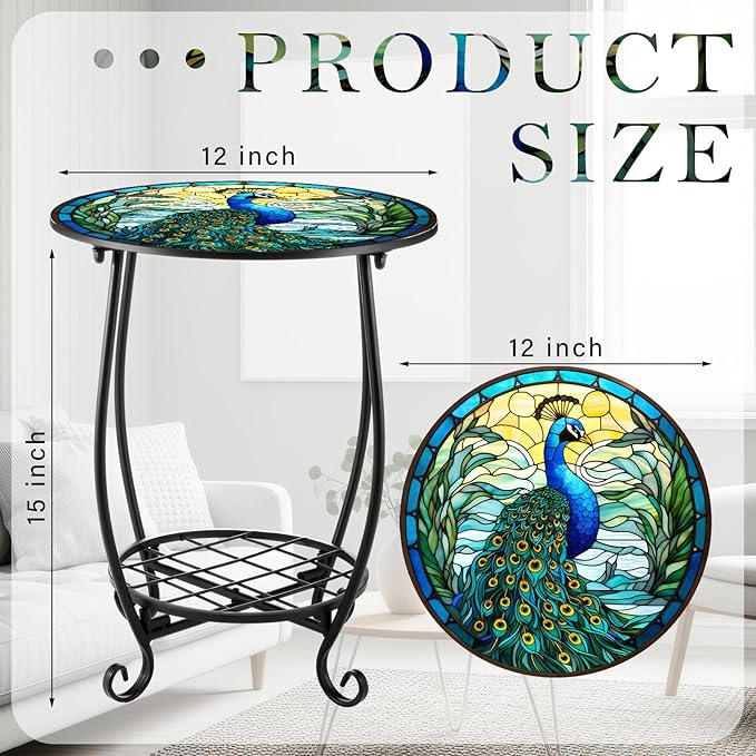 Cinnvoice Outdoor Side Table Round Small Mosaic Patio Accent Indoor End Plant