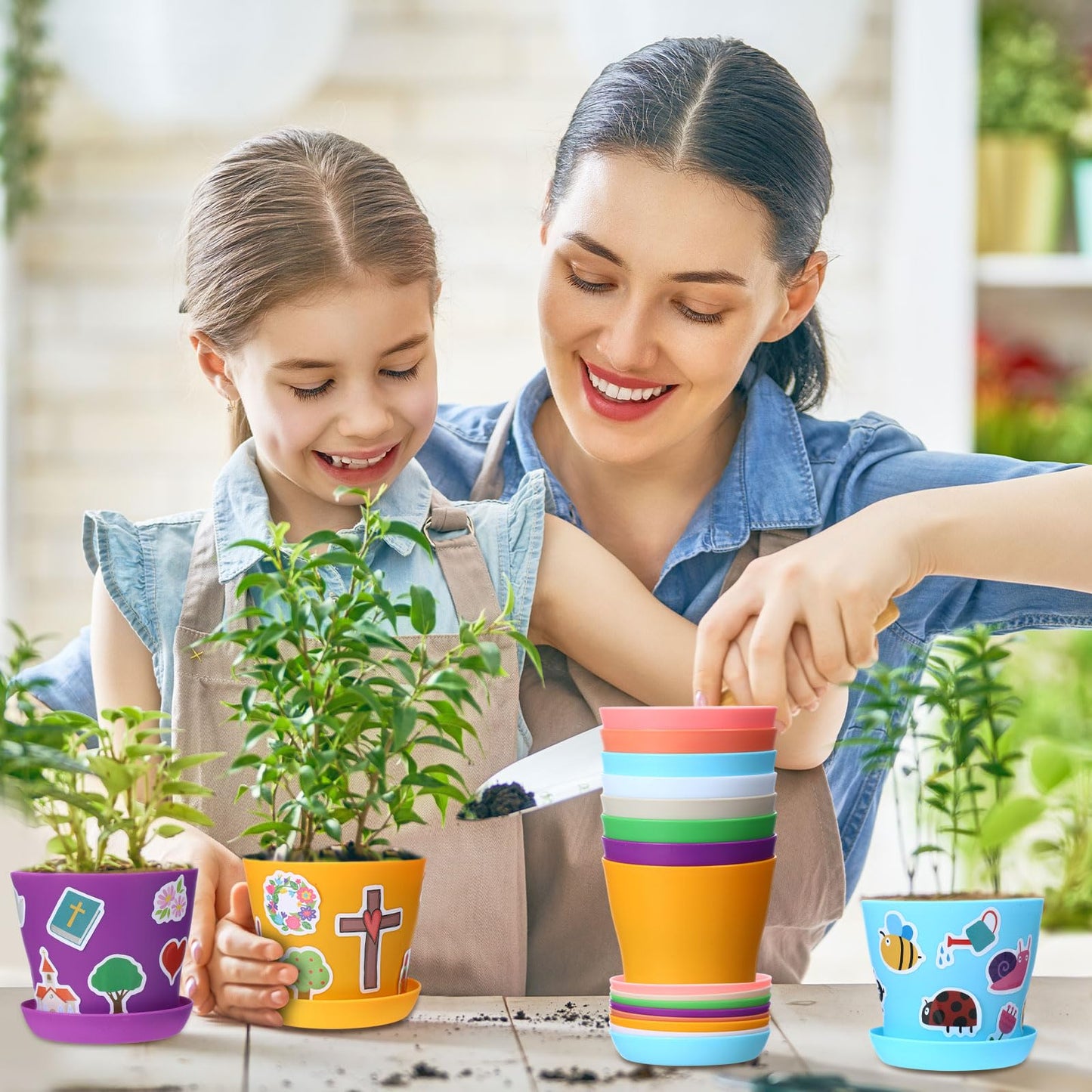 Domensi 30 Set Mothers Day Crafts for Kids Classroom Flower Pot Craft Bulk 4 Inch Spring Garden Plastic DIY Plant Pot with Tray 30 Sheet Christian Sticker 30 Certificates Card for School(Colorful)