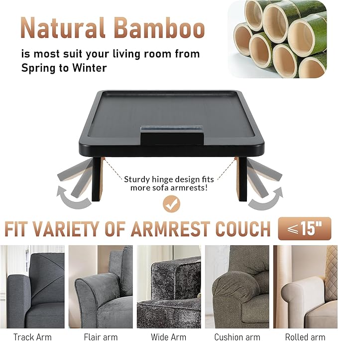 SINWANT Couch Armrest Table, Large Bamboo Couch Arm Table 360° Phone Holder