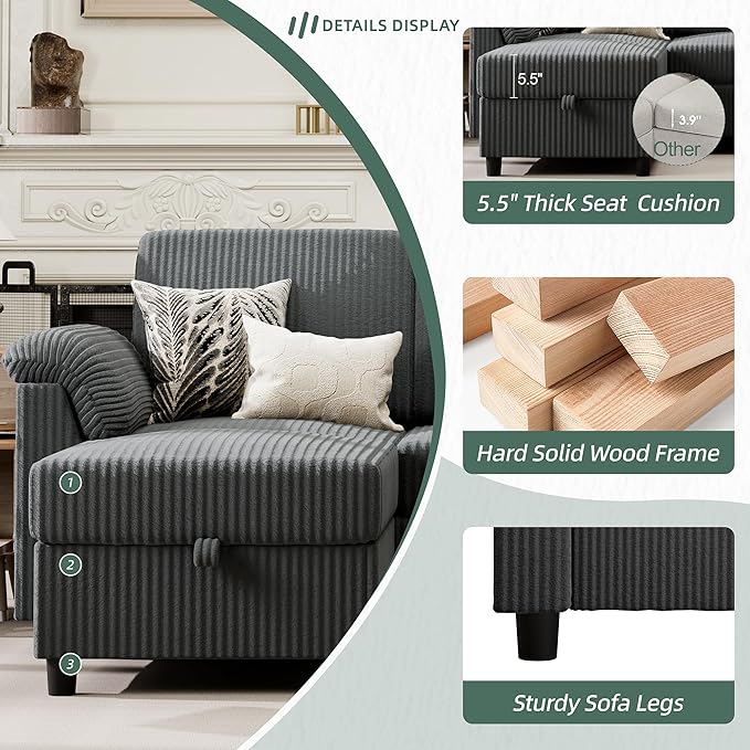 Vongrasig Convertible Sectional Sofa Couch, 3 Seat L Shaped Sofa