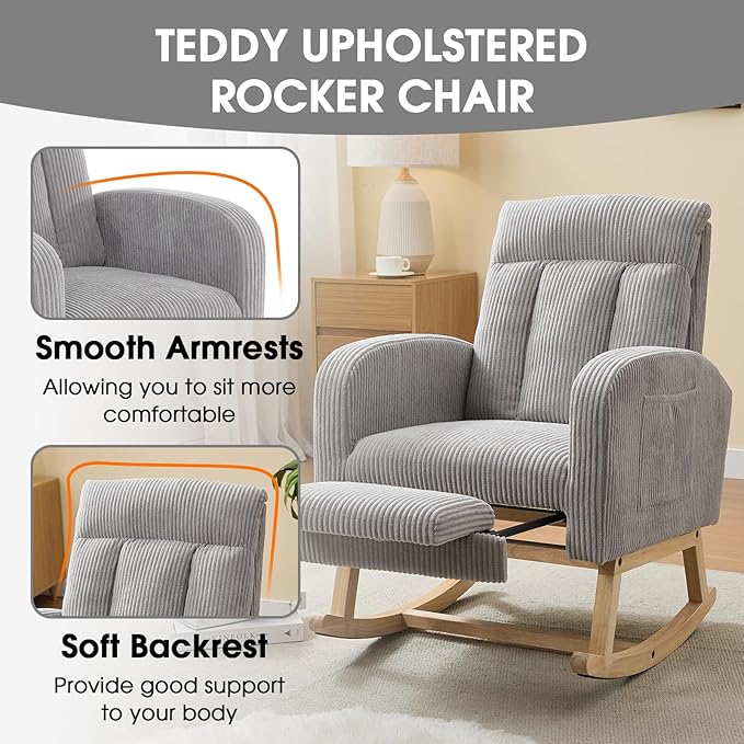 NIOIIKIT Nursery Rocking Chair, Corduroy Upholstered Rocking Chair