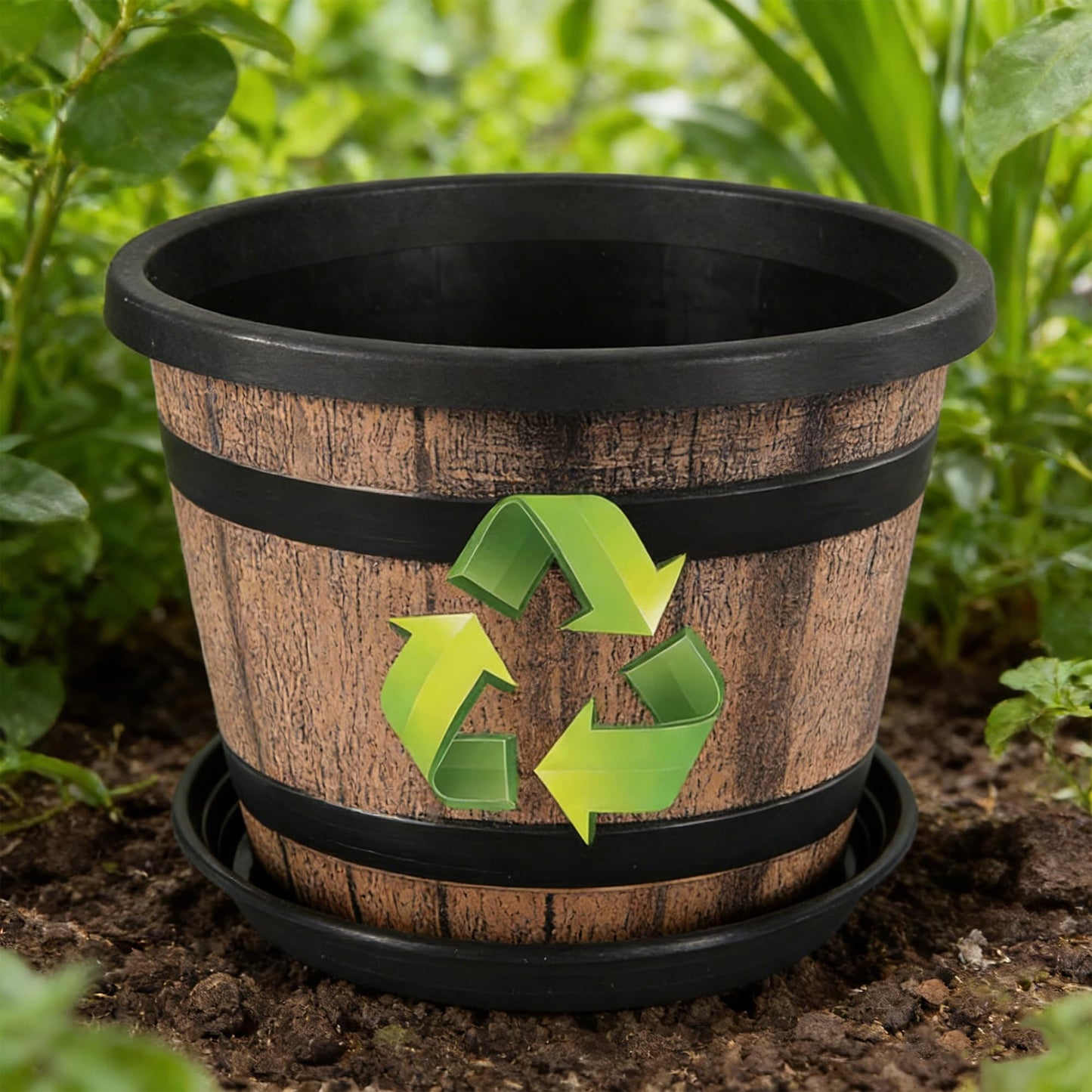 WEICHENGXING 12 Inch Whiskey Barrel Planters with Drainage Holes & Saucer, 5 Pack Plastic Plant Pots with Wine Barrel Design, Flower Pots for Indoor Outdoor Balcony