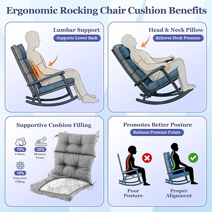 Rocking Chair Cushion, Waterproof and Fade-Resistant Adirondack Rocker Cushions
