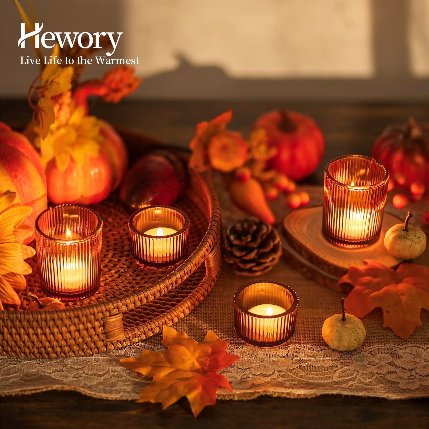 Hewory Glass Tealight Candle Holder: 8 Pcs Amber Votive Candle Holders Tea Lights Candle Holder, Ribbed Tea Light Holders Fall Decorations for Thanksgiving Table Centerpiece Wedding Party Home Decor