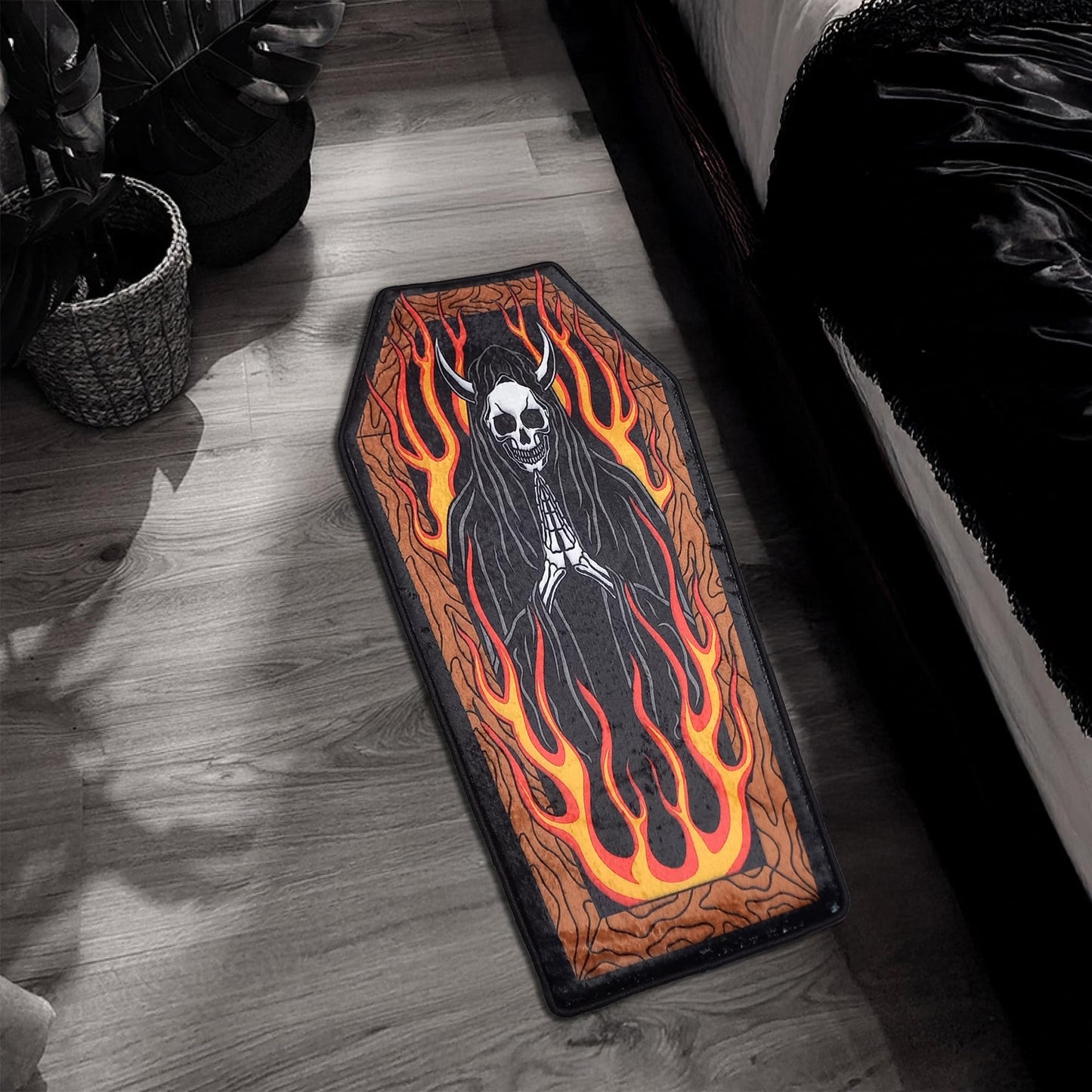 Rugendary Grim Reaper Coffin Rug Gothic Fire Skeleton Carpet for Bedroom Halloween Horror Decor Scary Death Flame Nonslip Bedside Spooky Mat 1.3x2.6