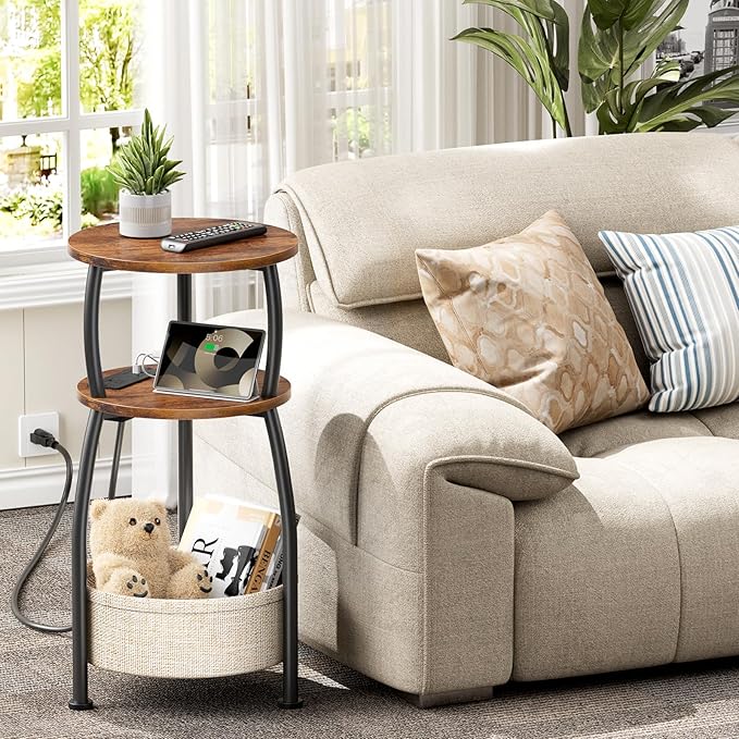 Side Table with Charging Station, Small Round End Table with Basket, USB Port