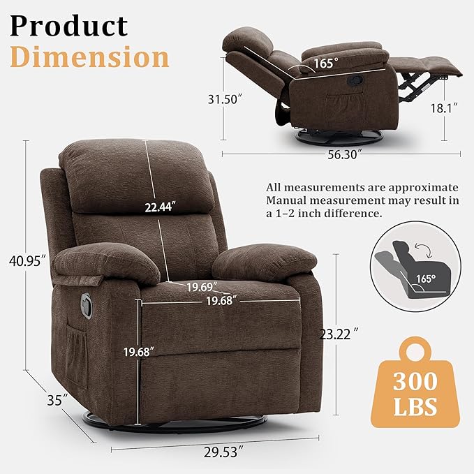Korser Recliner Chair, 360 Swivel Rocker Chair