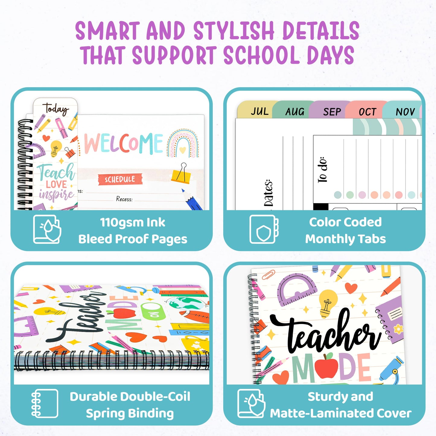 Decorably 12 Months Weekly and Monthly Undated Teacher Planner, 8.5x11inch Spring-Bound with Contacts, Schedule Page, Bookmark & Stickers for Plan Logs, & Classroom Planning, Academic Year Notebook