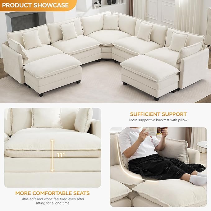 113'' V Shaped Cloud Sectional Sofa, Oversized Deep Seat Couches