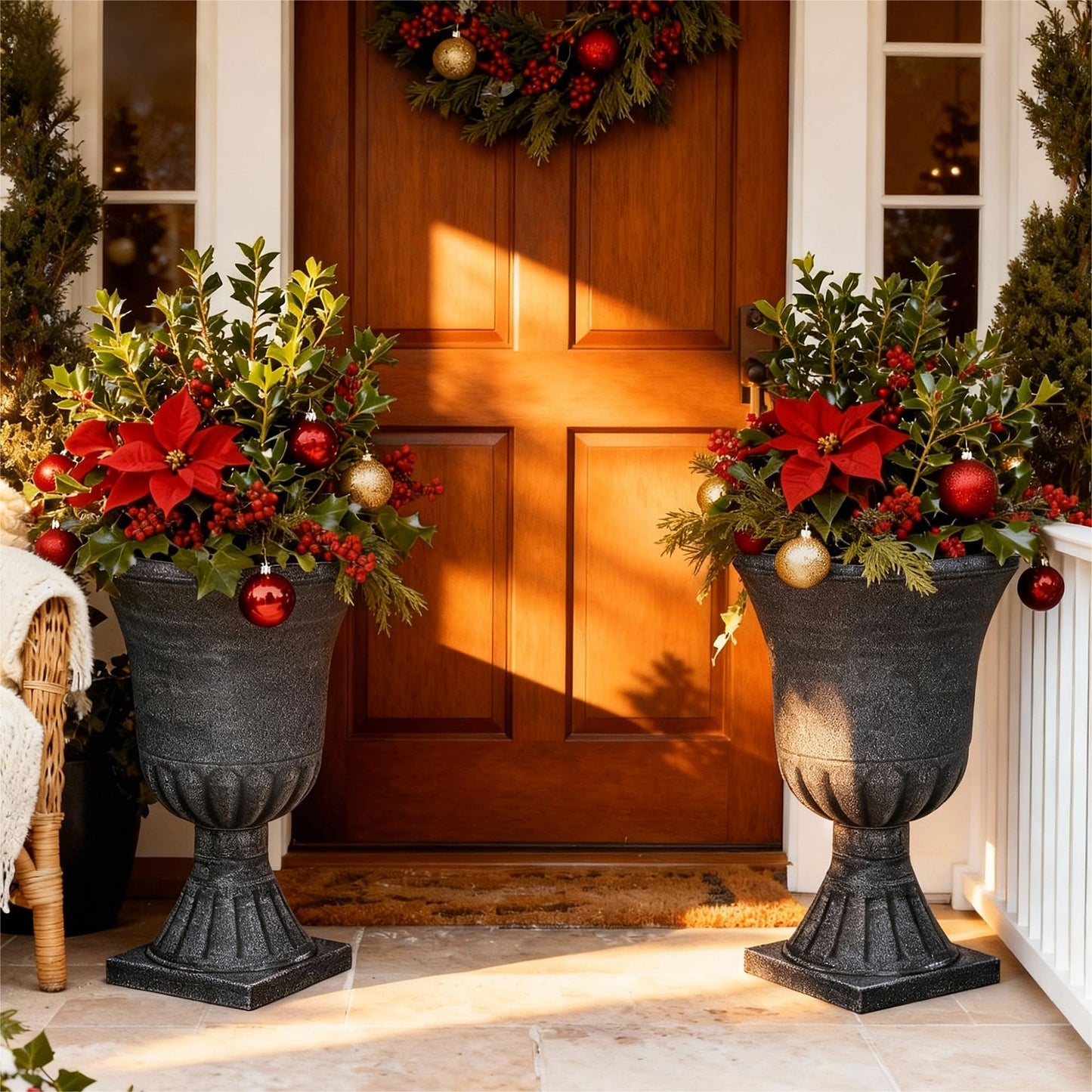 Autodaya 22" Tall Plastic Urn Planters Set of 2, 3D Textured Washed Black Finish Pedestal Plant Pots, Weather-Resistant Large Flower Pots for Front Porch, Patio, Garden & Indoor Use