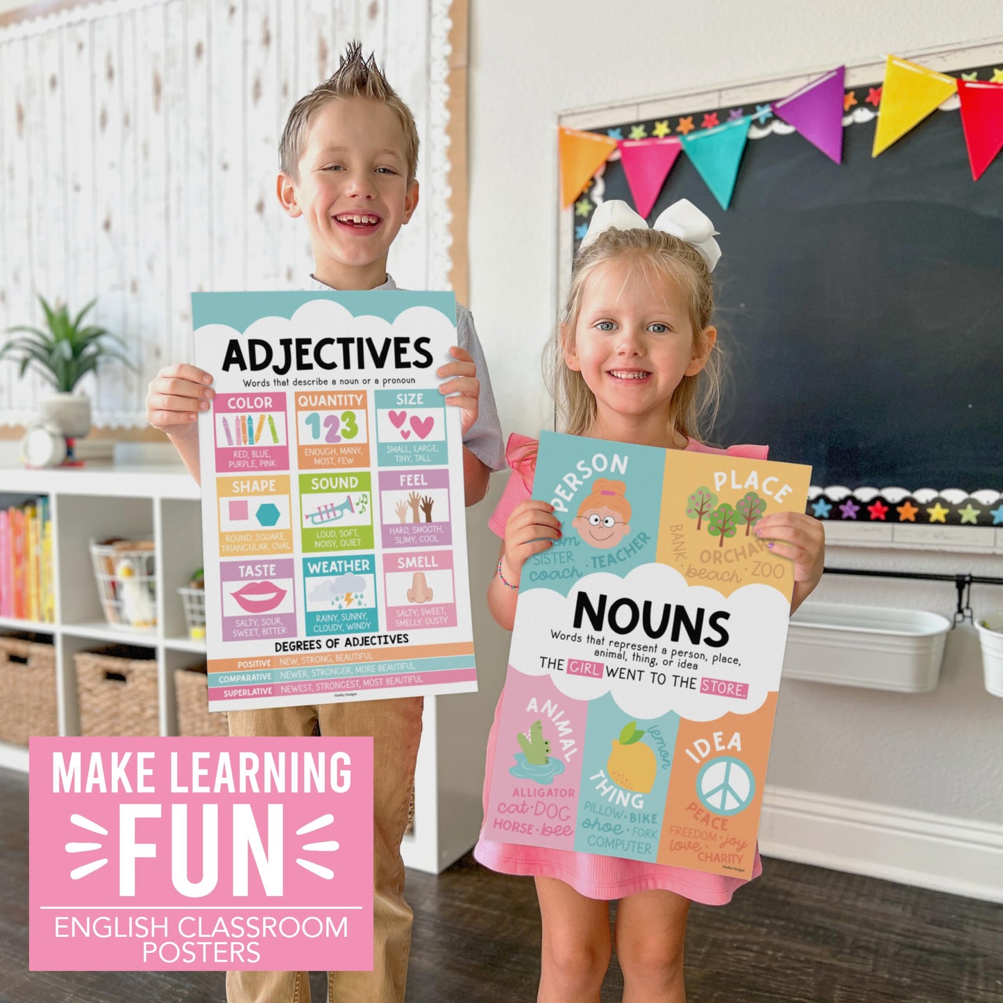 Parts of Speech Posters for Classroom Must Haves - 12 Grammar Posters, Writing Process for Homeschool, Elementary & Middle School, ELA 3rd 4th & 5th Grade Teacher Must Haves, Pastel Classroom Decor