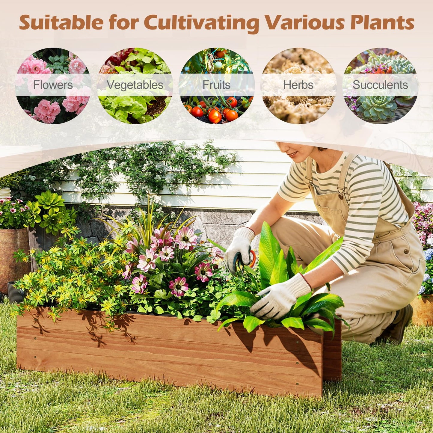 S AFSTAR Raised Garden Bed, 44" x 11" x 10" Wood Rectangle Planter Box with Drainage Holes, Water-Resistant Paint, Decorative Window Box, Outdoor Garden Bed for Fruit Vegetable Flower Herb, Orange