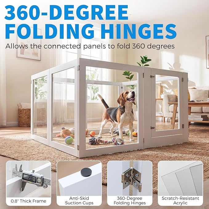 Heavy Duty Clear Acrylic Dog Playpen for Small/Medium Pets – 32" High Clear Pet Pen with Sturdy Metal Frame (White, 2 Extended Panels)