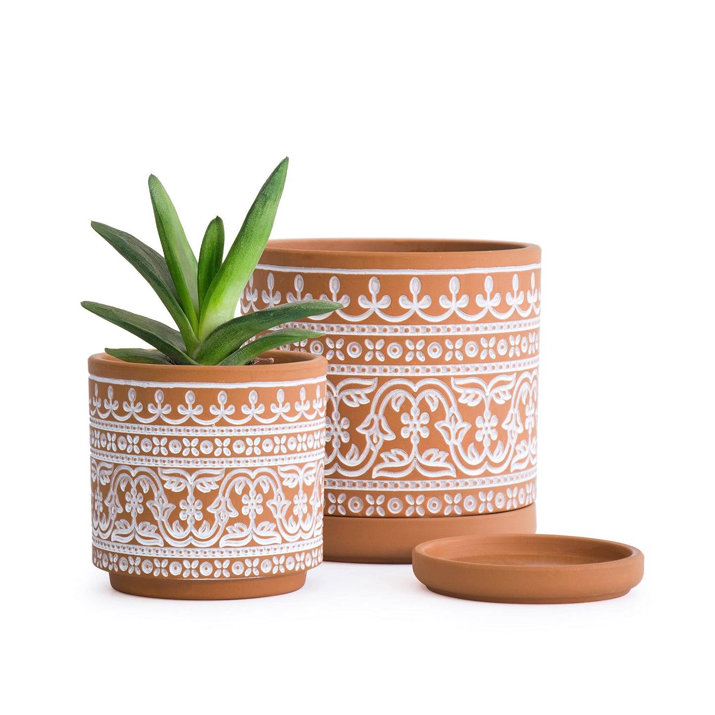 D'vine Dev Set of 2 Terracotta Pots, Wave Pattern Planter Pot, 4 Inch and 6 Inch, Pot with Drainage Hole and Saucer, Terracotta/White, 31-958-F-1