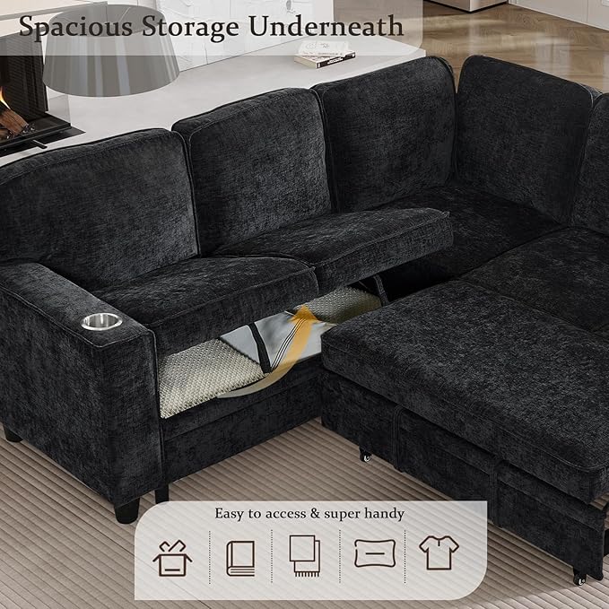 L-Shaped Sectional Couch with Storage and Pull Out Bed, Convertible Sofa Bed