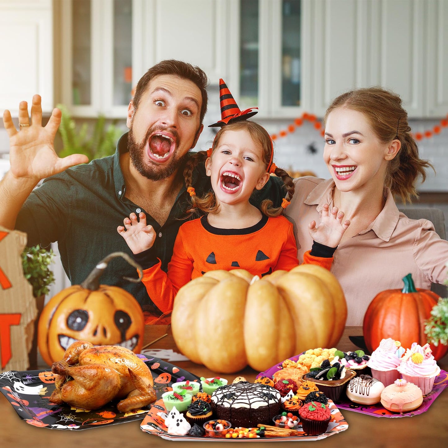 Acellegic 24 Pcs Halloween Serving Trays 13 X 9 Inch Large Platters Pumpkin Bat Ghost Food Trays for Movie Night Halloween Birthday Party Supplies